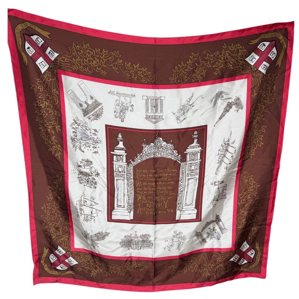 Vintage Brown University Silk Scarf Ivy League Collegiate Crest Brown Red White
